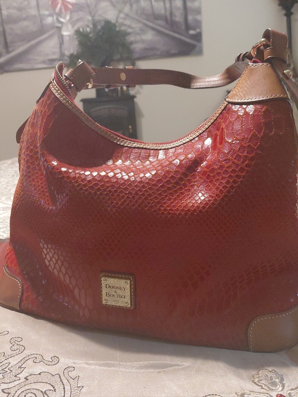 Dooney & Bourke Glossy Red Faux-Snakeskin Hobo with Brown Trim & Wallet